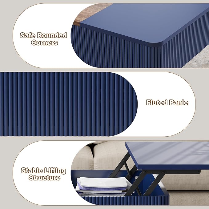 HLR 47" Dual Lift Top Coffee Table with Storage, Modern Wood Fluted Coffee Table with Hidden Compartment,Lift Tabletop Dining Center Table for Living Room, Office, Blue