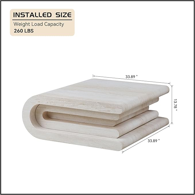 Square Coffee Table 33.86" Faux Marble Pattern Wood Center Table with Layered Base for Living Romm Apartment, No Need Assembly