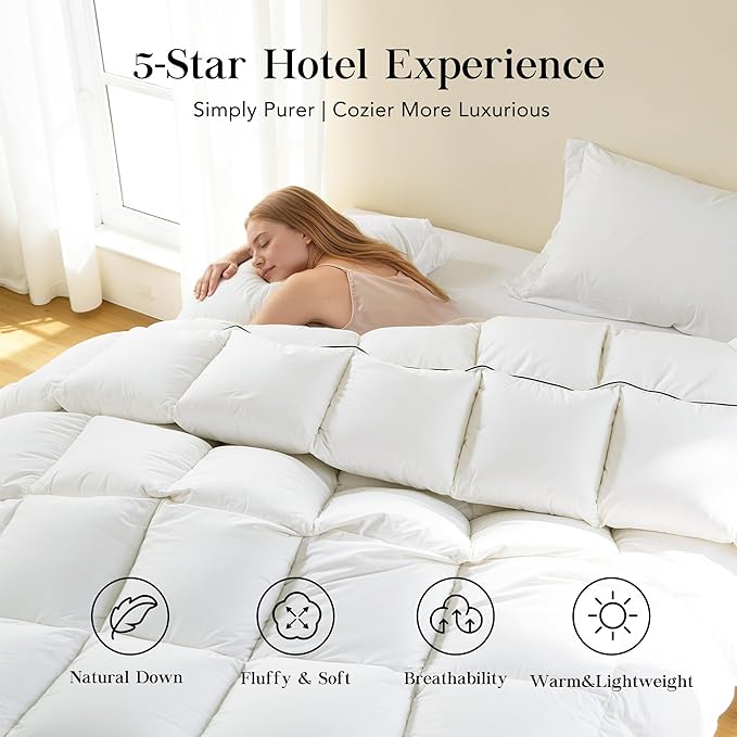 Feather Down Fiber Comforter Queen Size,Premium Ultra-Soft Breathable Comforter High Fill Power White Duvet Insert,All Season Hotel Luxury Bedding Comforters 8 Corner & Center Loops,Baffle Box Design