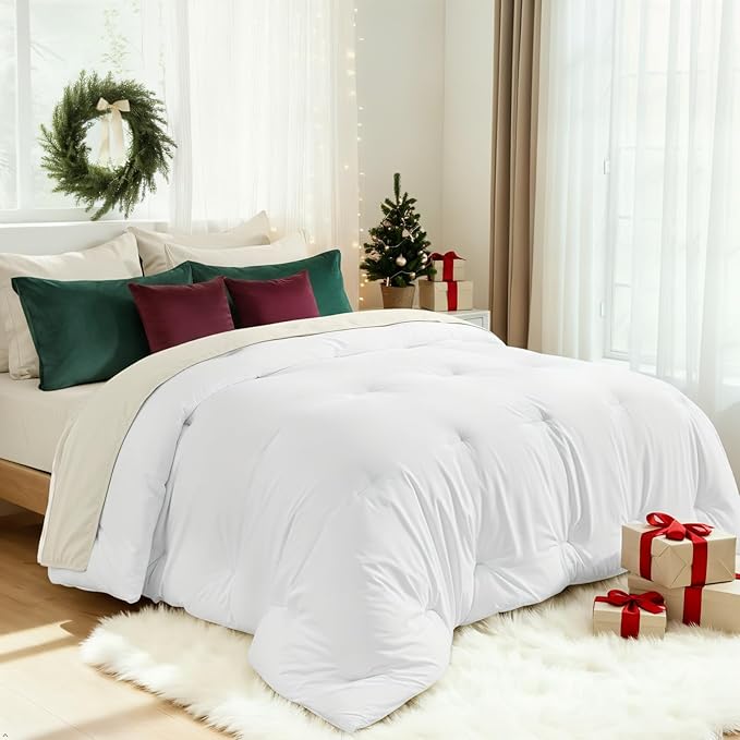 Comforters King Size, All Season Quilted Bed Comforter, Ultra-Soft Down Alternative Duvet Insert with 4 Tabs, Lightweight Bedding Blanket - Machine Washable, White