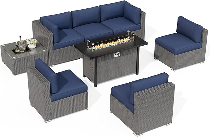 SUNCROWN Outdoor Patio Furniture Set 7 Piece Outdoor Sectional Sofa Grey Wicker Conversation Sofa Set with Coffee Table, Cushions and Fire Pit Table (Dark Blue)