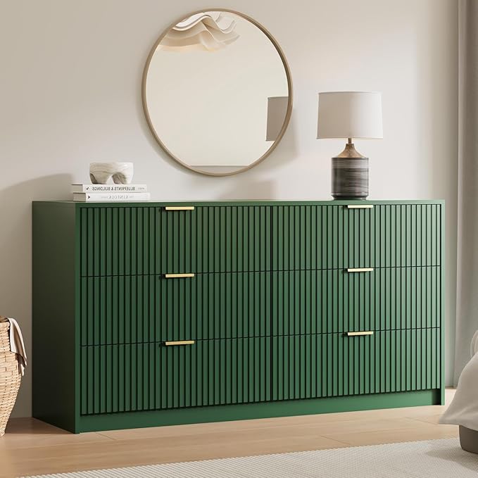 MAISONARIA 3-Piece Dresser Bedroom Set, 6 Drawer Dresser & 3 Drawer Nightstands with Gold Handles, Fluted Wood Chest of Drawers for Bedroom, Living Room, Entryway, Green