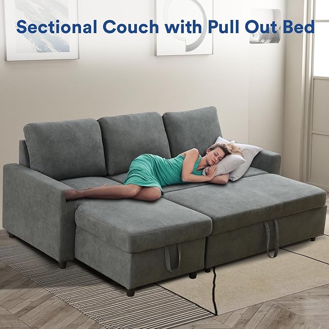 Rovibek 83" Convertible Sofa Bed Couch with Storage - 4 in 1 L Shaped Sofa with Pull Out Couch Bed for Living Room, Apartment, Office, Small Spaces, Grey