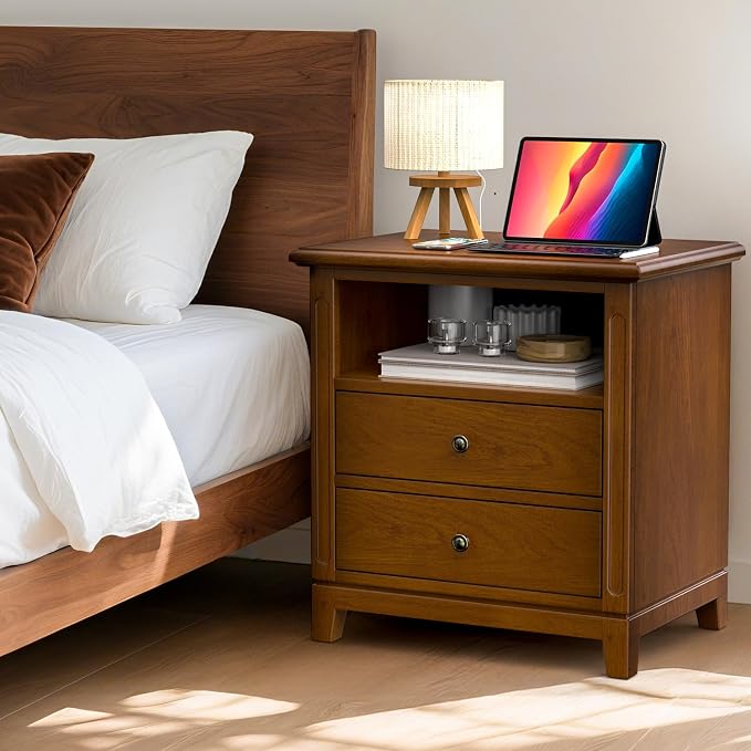 Farmhouse Nightstand with Charging Station, Solid Wood End Table with 2 Large Drawers & Open Shelf, Bedside Table with USB Ports and Outlets, Rustic Wood for Bedroom by Owipaw