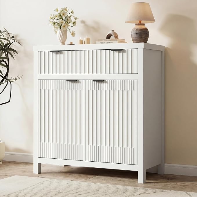 Fatmok Fluted Buffet Cabinet with Storage, 34" Tall Modern Arched Sideboard Cabinet w/AdjustableShelves,Wooden Modular Coffee Bar for Dining Room, Kitchen, Living Room, Entryway, White by Fatmok