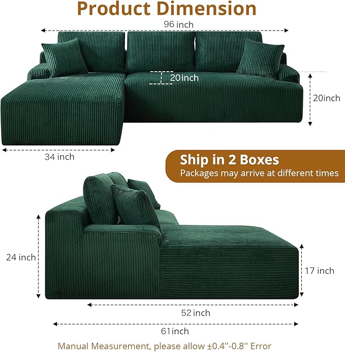 Cloud Couch Boneless l-Shape 96" Modern Sectional Comfy No Assembly Required Sleeper Modular Sofa with Corduroy Fabric Deep Seat Loveseat + Chaise Lounge Chair for Living Room