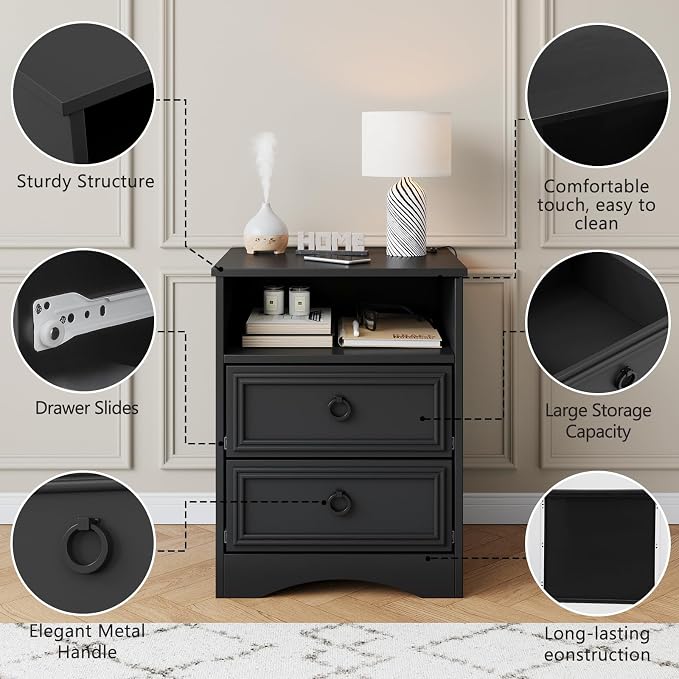 LGHM Set of 2 Nightstand, Large Night Stand with 2 Drawers, 17.7" W Accent Bed Side Table and End Table with Large Open Compartment for Bedroom, Living Room,Black - Image 8