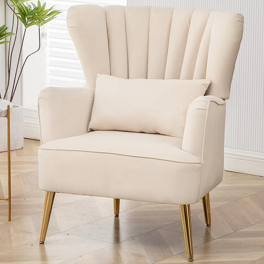 Modern Accent Chair Comfy Wingback Armchair with Pillow Upholstered Shell Accent Chair Reading Chair for Bedroom, Living Room, Small Spaces,Dressing Room Beige