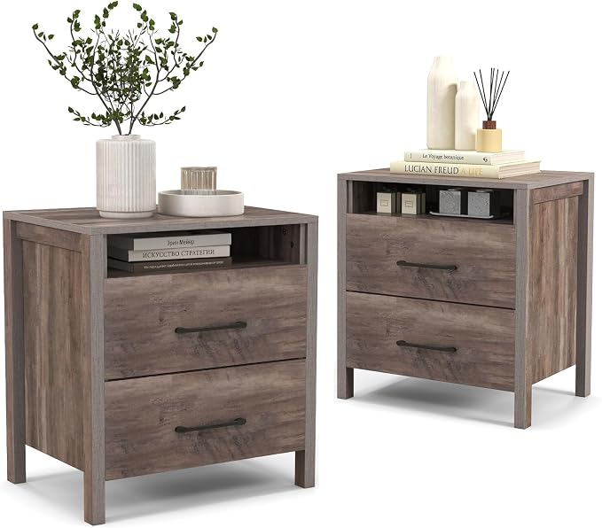 Giantex Farmhouse Nightstand Set of 2, Rustic Wood Bedside Table with 2 Storage Drawers & Open Shelf, Sofa Side Table, Versatile Night Stand for Bedroom, Grey by Giantex