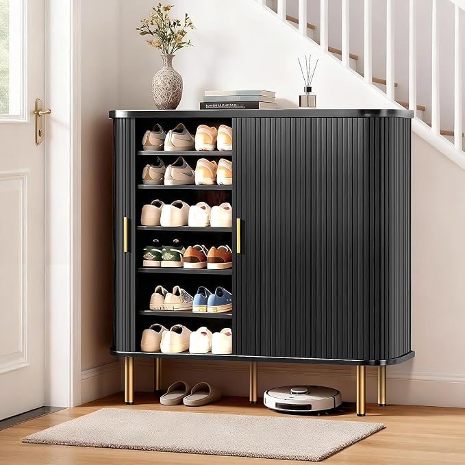 Shoe Cabinet Storage for Entryway: 6-Tier Shoe Cabinet with Adjustable Shelves & Sliding Doors, Mid-Century Modern Freestanding Shoe Storage Organizer for Entryway, Hallway, Living Room - Image 6