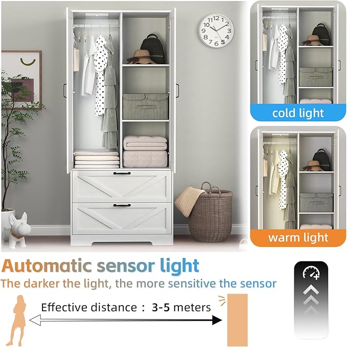 Armoire Wardrobe Closet with Mirror and 2 Drawers, 72'' Bedroom Armoire Wardrobe Cabinet with Hanging Rod and Light,Wooden Bedroom Closet with Adjustable Shelf
