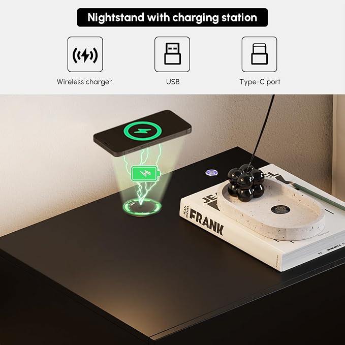homary Smart Nightstand Set of 2 with Wireless Charging Station, USB & Type-C Ports, LED Light – Modern Black Bedside Table for Bedroom Storage (Black, 2 Drawers) - Image 3