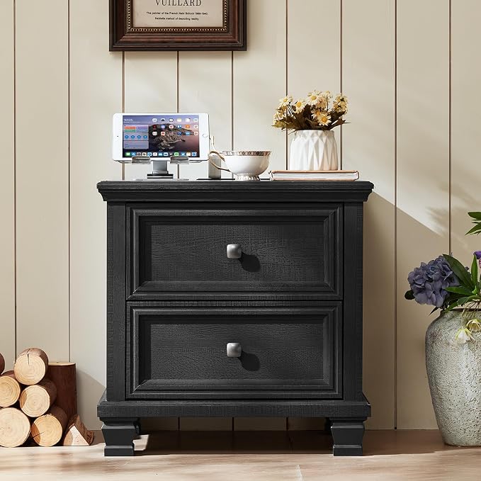 SAVOR LIFE Farmhouse Nightstand with Charging Station, Rustic Low Night Stand with 2 Drawers, Mid-Century Modern End Table with 4 Square Solid Wood Legs, Small Dresser for Bedroom, Home, Black - Image 5
