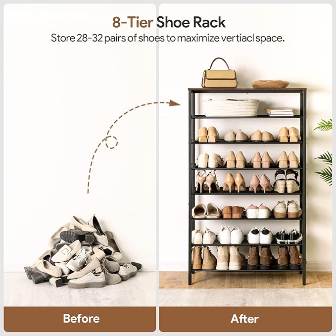 MAHANCRIS 8 Tier Shoe Rack Organizer for Closet, Holds 28-32 Pairs, Tall Metal Shoe Storage Shelf for Entryway Bedroom, Sturdy Freestanding Shoe Rack Space Saving, Large Capacity, Rustic Brown - Image 4