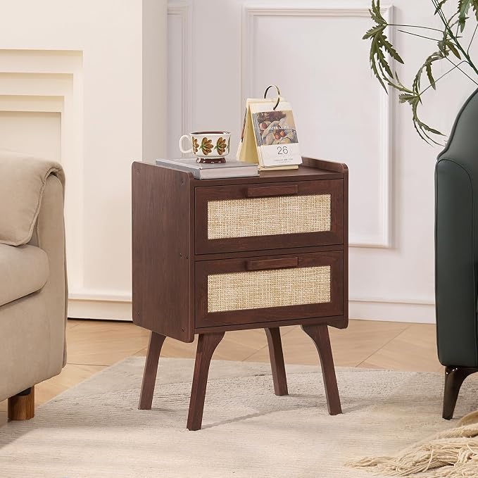 Lerliuo Rattan Night Stand, Boho 2 Drawers Nightstands, Walnut Bed Side End Tables with Solid Wood Legs, Bedside Table for Bedroom, Dorm and Small Spaces - Image 5