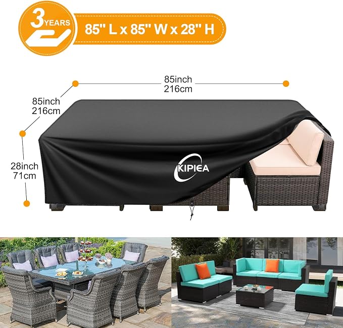 Kipiea Outdoor Furniture Covers Waterproof, 420D Heavy-Duty Patio Furniture Set Covers, No Tears Anti UV No Fading (85" L×85" W×28" H) - Image 2