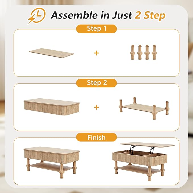 39” Large Lift Top Coffee Table with Hidden Storage Compartment, Fluted Coffee Tables Fully Assembled Wooden Center Table, Mid Century Modern Lift Tabletop Dining Tables for Living Room Office,Natural