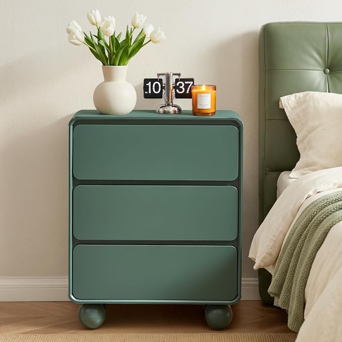AVZEAR Wooden Night Stand wth 3 Drawer Dresser Mid Century Modern End Table Chest of Drawers, Solid Wood Legs & Curved Profile Design, Farmhouse Side Table for Living Room, Green by AVZEAR
