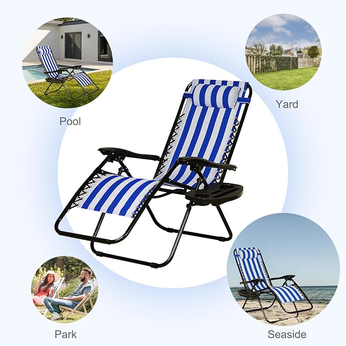 Nazhura Set of 2 Relaxing Recliners Patio Chairs Adjustable Steel Mesh Zero Gravity Lounge Chair Beach Chairs with Pillow and Cup Holder (Navy Blue Stripe) - Image 8