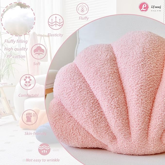 Lfsaaj Pink Seashell Throw Pillows, Shell Shaped Throw Pillows, 13 Inch Soft Home Decorative Pillow Plush Cushion for Bed Couch Living Sofa Room Decor Accent Throw Pillow