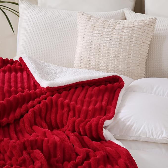 Red Sherpa Fleece Throw Blanket 50”×60” for Couch Sofa Bed,Double Side Soft Fuzzy Cozy Plush Thick Flannel Blanket with Striped Design Gift for Adults,Woman,Girls