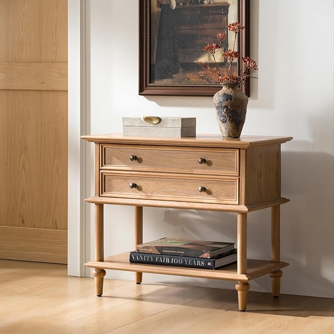 HULALA HOME Farmhouse Nightstand with Drawer & Open Shelf, Natural Wood End Table with Solid Wood Legs, 28.4'' Wide Sofa Side Table with Charging Station(Oak) - Image 9