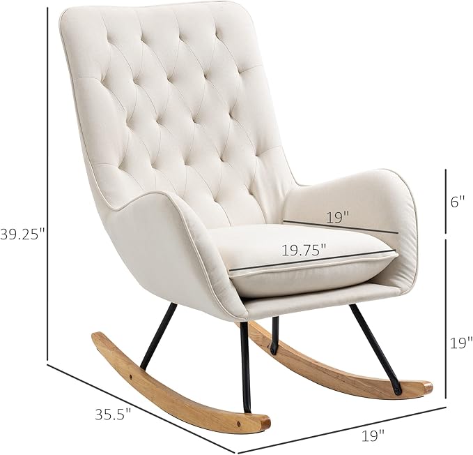 HOMCOM Mid-Century Fabric Rocking Chair Sofa Armchair Tufted Rocker Wingback Accent Chair with Padded Seat, Rubber Wood Base for Home Studio, Bedroom, Living Room, Cream White