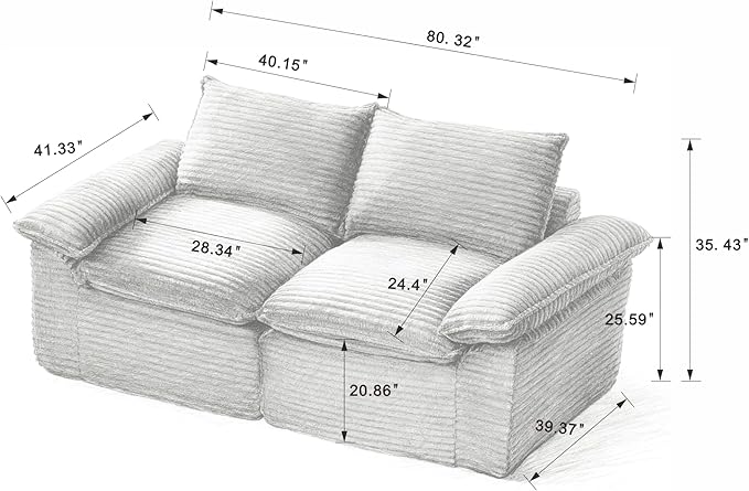 80-Inch Boneless Love Seat Couches in a Box, Modern 2 Seat Floor Modular Foam Cloud Sofa Corduroy Loveseat Couch W/Pillow-top Armrests for Home Apartments Bedroom
