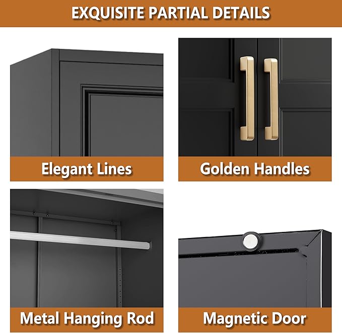 Polup Metal Armoire Wardrobe Closet with Hanging Rod, 71" Tall Wardrobe Cabinet for Clothes, Black Clothing Storage Cabinet with Doors and Shelves, Large Wardrobes for Bedroom, Office, School, Gym