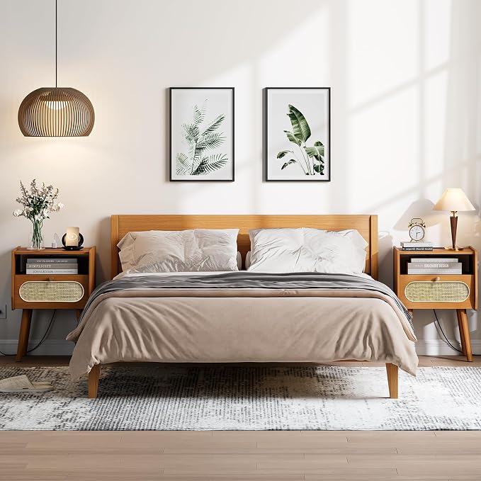 JOINICE Night Stand Set 2, Mid Century Modern Nightstands Drawer, Rattan Bedside Table with Charging Station, Boho End Table with Storage, Wood Bed Side Tables for Bedroom, Small Space, Cherry - Image 9