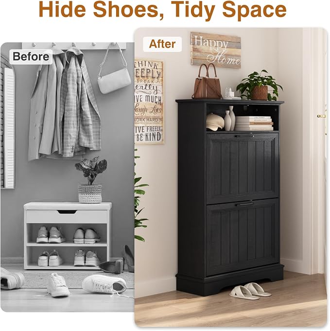 Shoe Storage Cabinet with 2 Flip Drawers, 24" W Farmhouse Modern Hidden Shoes Rack Cabinet with Adjustable Shelves & Open Storage, Narrow Slim Shoe Organizer for Front Door Entrance, Entryway, Black - Image 4