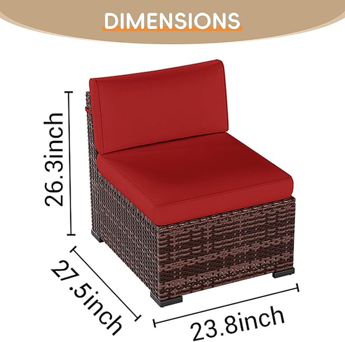 Patio Furniture Set, 5 Pieces Outdoor Sectional Sofa Set, PE Wicker Rattan Slanted Back Outdoor Conversation Set with Cushions and Glass Coffee Table, Wine red