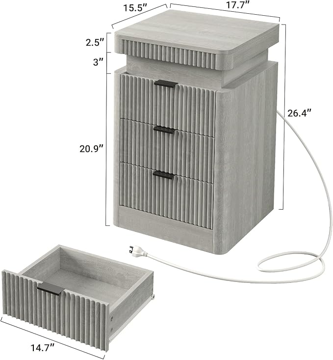 Yanosaku Night Stand Set of 2 with Charging Station, 3-Drawer Fluted LED Bedside Tables with Sliding Top & USB Outlets, Modern End Tables for Small Bedroom Living Room, Light Grey - Image 2