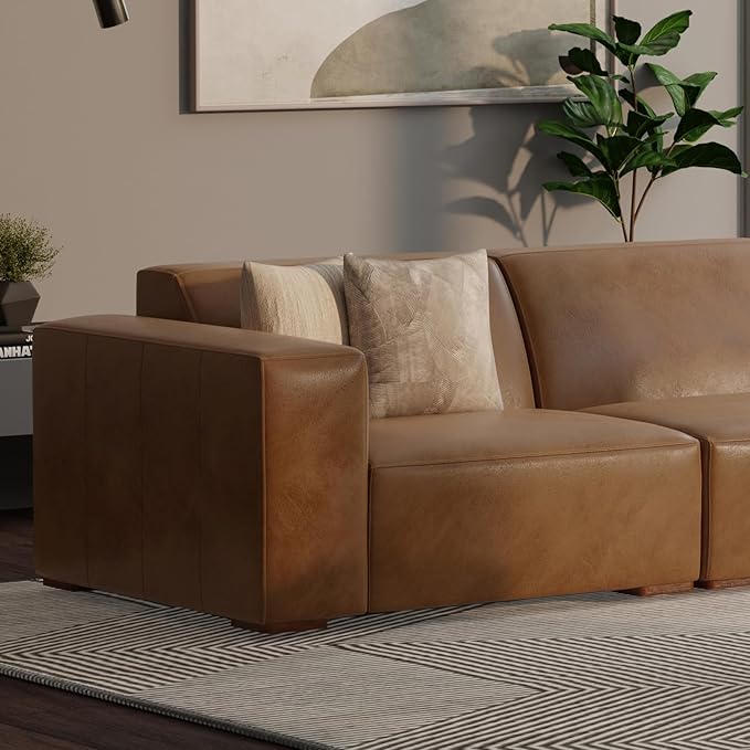 SIMPLIHOME Rex Left-Arm Sofa Module in Full-Grain Genuine Leather, Caramel Brown, 44-inches Wide, Handcrafted Modern-Style Left-Arm Accent Chair for Living Room and Family Room
