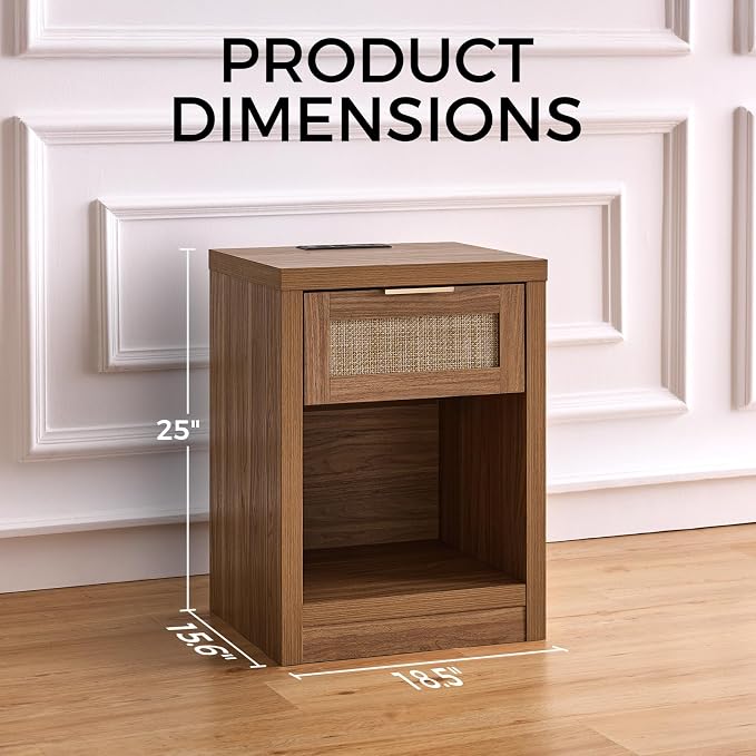 Walsham Rattan Nightstand Set of 2 with Charging Station, Boho Bedside Tables with Drawer and Open Shelf, USB-C, USB & 2 AC Outlets, Farmhouse End Tables for Bedroom, Weathered Oak - Image 2