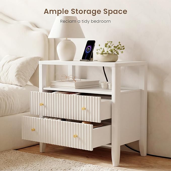 Nightstand Set of 2 with Charging Station, 27.3" Wide Fluted Bedside Table with 2 Drawers & Shelf, Large End Table with Storage, Rounded Corners, Alabaster White - Image 4
