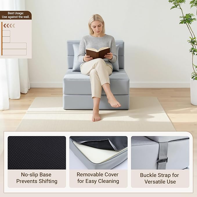 BeBen Folding Sofa Bed, Boneless Foldable Chair Bed, Convertible Futon Sleeper Chair Couch, Single Lazy Floor Lounger Sofa Couch for Small Spaces, Dorm, Guest Room, Living Room, Apartment, Grey