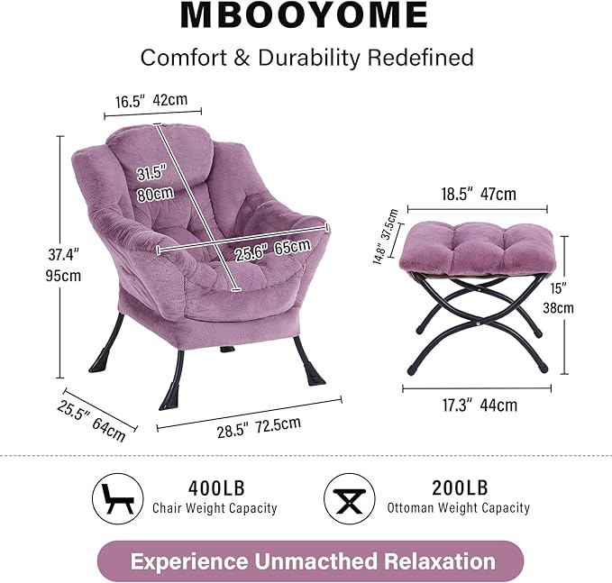 MBOOYOME Lazy Chair with Ottoman, Modern Accent Lounge Armchair with Side Pocket & Foldable Footstool, Leisure Reading Chair for Living Room, Bedroom, Dorm & Office, Plush Purple