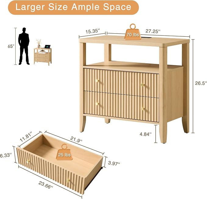 Fluted Nightstand with Charging Station Set of 2, 27.3" Wide Modern Bedside Table with 2 Drawers & Open Shelf, Large Wood End Table with Storage & Metal Handle for Bedroom, Natural Wood - Image 2