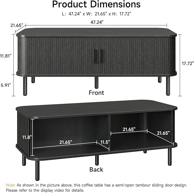 Coffee Table with Storage, 47.2" Mid Century Modern Coffee Tables for Living Room, Rectangle Wood Center Table with Sliding Tambour Door & Adjustable Leg for Living Room, Black