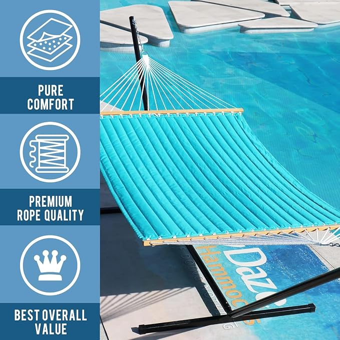 Lazy Daze Hammocks 12 FT Double Quilted Fabric Hammock with Spreader Bar and Detachable Pillow, 2 Person Hammock for Outdoor Outside Patio Garden Yard Pool Beach, 450lbs Weight Capacity (Blue) - Image 5