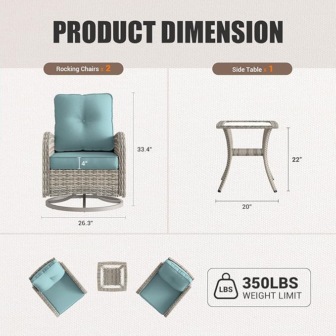 Patio Rocking Swivel Chair Outdoor Wicker Rattan Bistro Set with Tempered Glass Side Table, Outdoor Patio Furniture Set for Garden, Deck, and Balcony, Light Blue