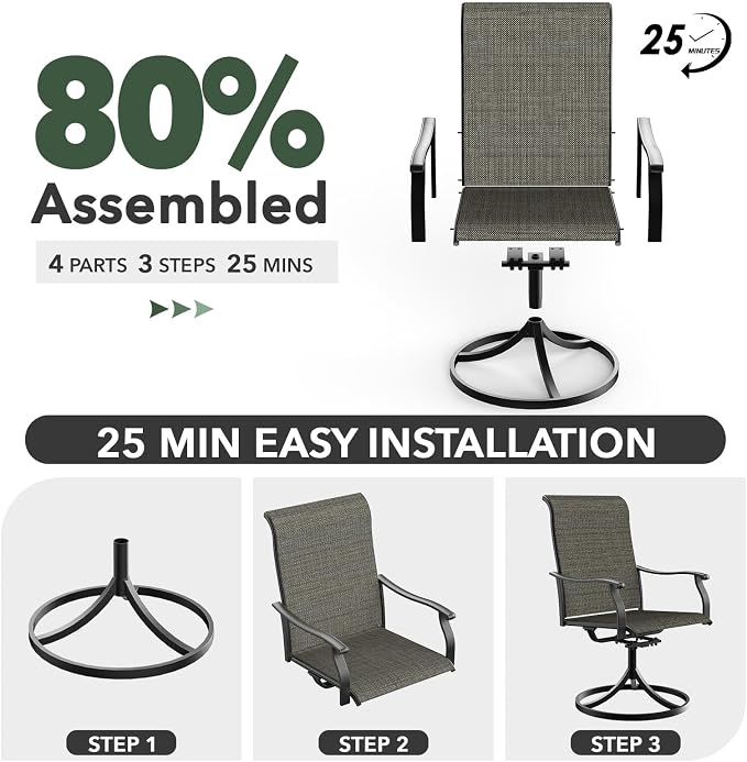 Anmutig 5 Piece Outdoor Glass Round Table and Chairs Set for 4 Person with 41 inch Patio Table, Tan Grey Textilene Retro Armrest Swivel Rocker Chairs - Style1 - Image 7