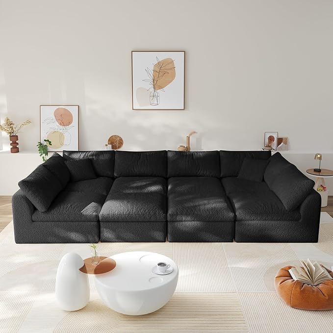 Modular Sectional Sofa Boneless Cloud Couch for Living Room, U Shape Deep Seat Recliner Sofa with Ottoman, Adjustable Backrest & 2 Throw Pillows - Covers Washable, (Black, 6 Seater+2 Ottoman)