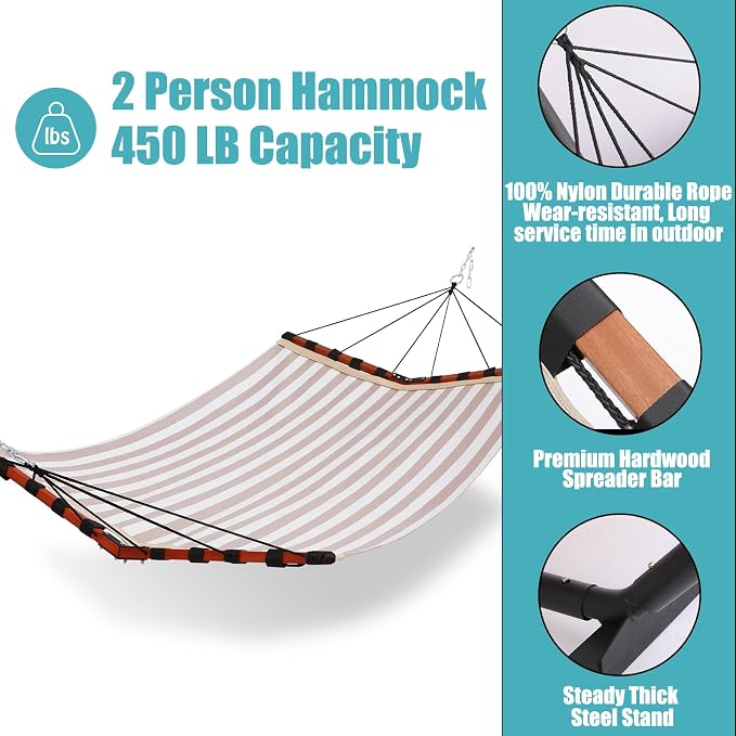 TegerDeger 12FT 2 Person Hammock Large Hammock Quick Dry 450LB Capacity with V Shaped Hardwood Spreader Bar & Nylon Rope for Outside, Patio, Garden, Backyard, Beach, Poolside - Beige Stripes - Image 5