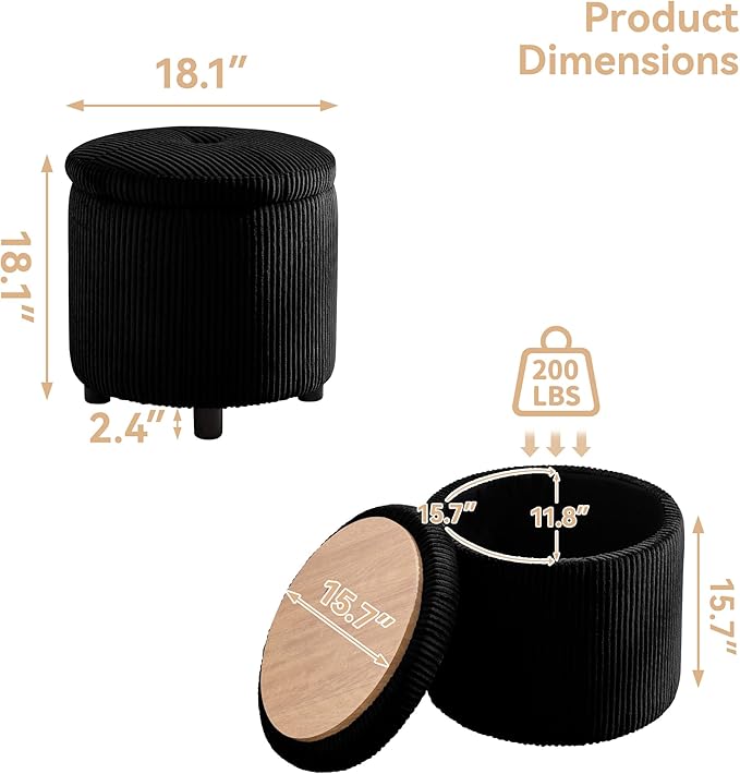 WUTUTUEE Corduroy Storage Ottoman with Flip-Top Tray, Modern Upholstered Ottoman Coffee Table, Dual Leg Options Ottoman Footrest for Living Room, Bedroom, Office, Black