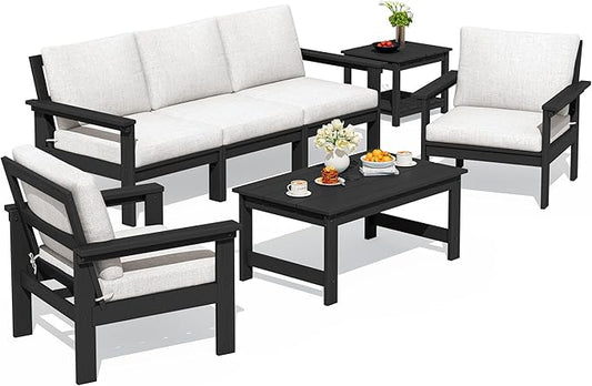 SERWALL HDPE Patio Furniture Set, 7-piece Outdoor Sectional Sofa Set, All Weather Outdoor Couch Set for Deck, Lawn, Black Frame with Khaki Cushion