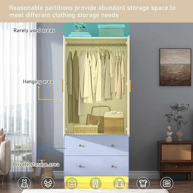 chartustriable 2 Doors Armoire Wardrobe Closet with Mirror, LED Closet with Doors and Drawers, Wooden Wardrobe Storage Cabinet with Hanging Rod, Small Armoire, White