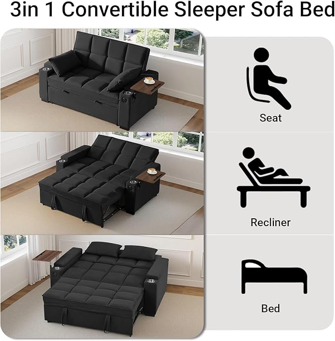 65'' 3-in-1 Sleeper Sofa Bed with Pull-Out Couch & Side Table, Convertible Loveseat with Adjustable Backrest, Velvet Chaise Lounge with USB & Type-C Ports, Black