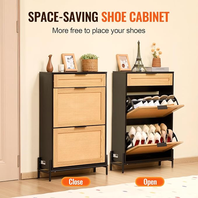 VEVOR Rattan Shoe Cabinet, Narrow Shoe Storage Organizer with 2 Flip Rattan Drawers & 1 Slide Drawer, Metal Legs, Slim Shoe Entryway Cabinet Ideal for Entryway, Closet, Hallway, Black - Image 4